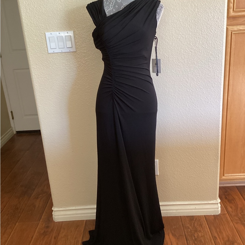 NWT Calvin Klein Black Asymmetrical Ruched Jersey Long Gown - Picture 2 of 15